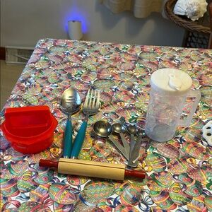 Kitchen drawer utensils Hamburger Press measuring spoons recipe card holder